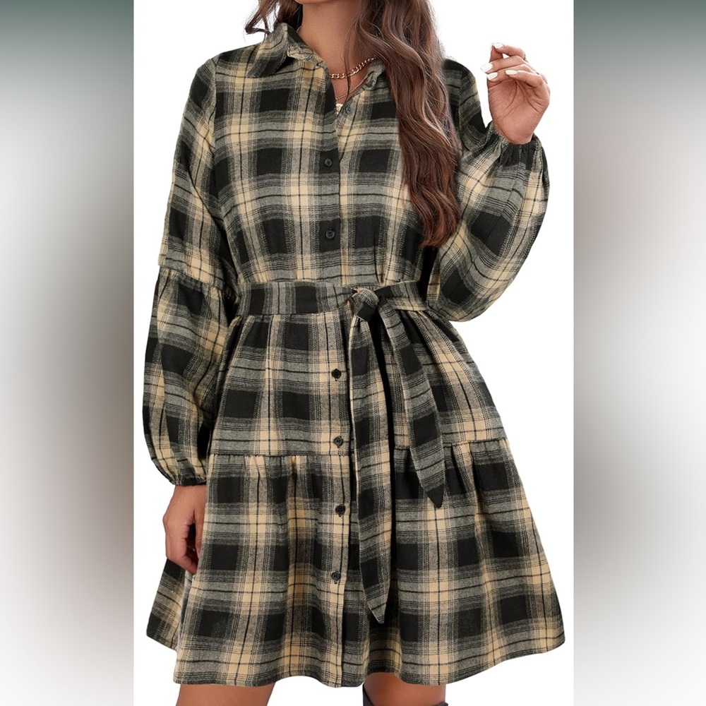 Blooming Jelly Womens Plaid Dresses Flannel Babydoll Dress w/pockets